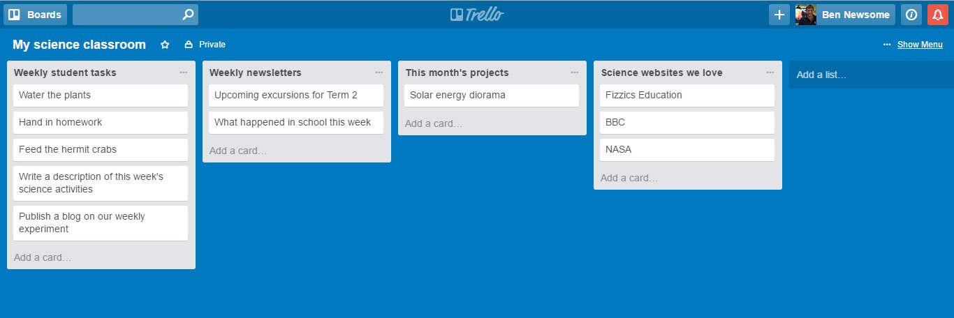 Trello lists populated with a variety of cards