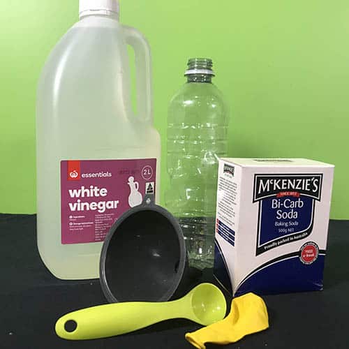 A vinegar bottle, funnel. balloon, spoon, bicarbonate soda and an empty soda bottle