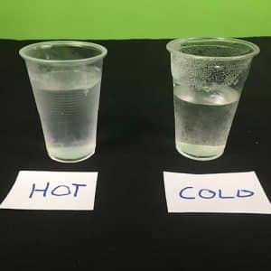 two cups of water on a desk with signs for hot and cold and in front of them