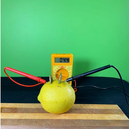 A simple lemon battery experiment - voltmeter rods and coins in the lemon