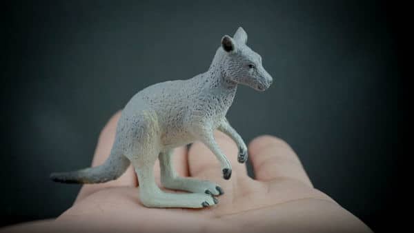 Eastern grey kangaroo replica placed in the palm of a hand. Side view