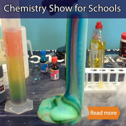 Chemistry show school science visit tile showing reacting colourful reagents