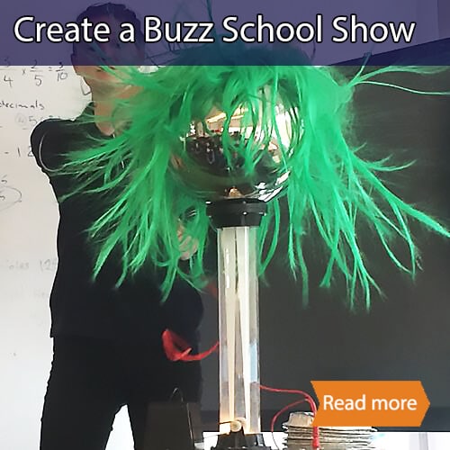 Create a Buzz school science visit tile showing a green wig rising above a Van De Graf generator