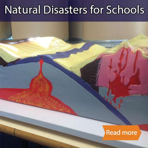 Natural Disasters for school science visit tile showing a volcano model