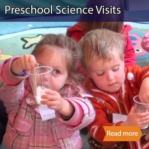 Preschool science visits tile showing two young children mixing ingredients in a cup