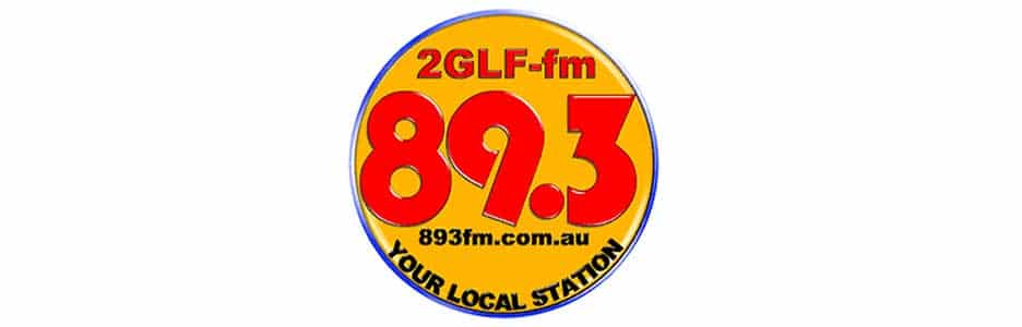 oragne and blue logo with black and red text saying2GLF-fm 89.3 893fm.com.au your local station