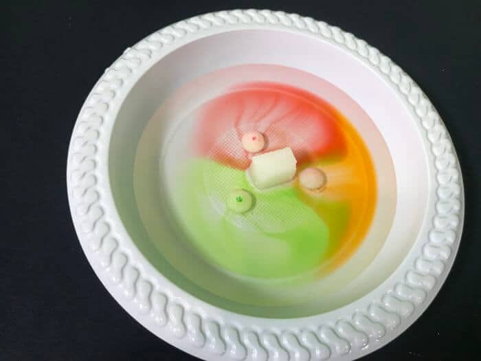 Skittle science experiment - sugar cube added to center of the plte