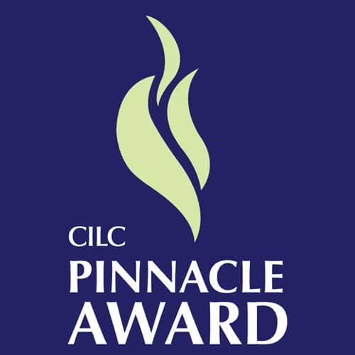 white text saying 3 CILC Pinnacle Award with a blue background