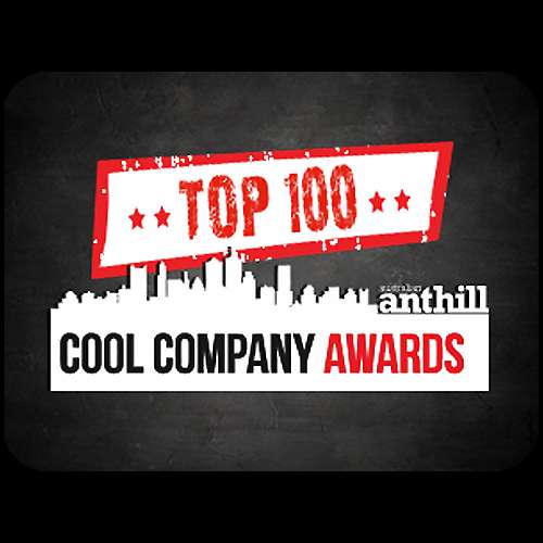 red white and black writting saying Top 100 Cool Company awards with a black and grey background