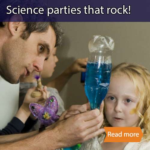 Science parties that rock tile showing a child running a science experiment with an adult