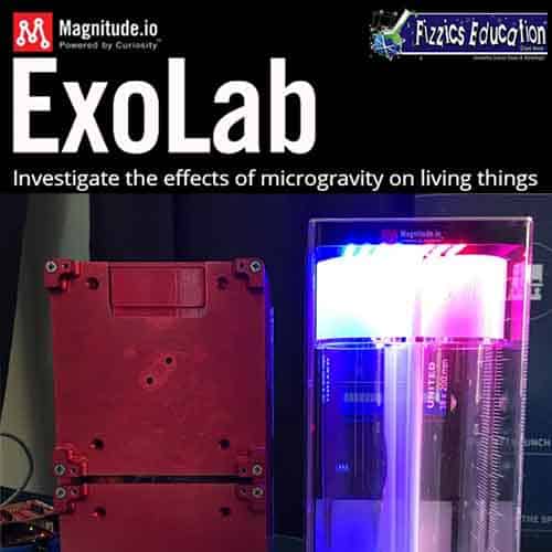 A picture of the ISS experiment ExoLab under lights (logos of Fizzics Education and Magnitude above this'. The tagline 'Investigate the effects of microgravity on living things' is also shown