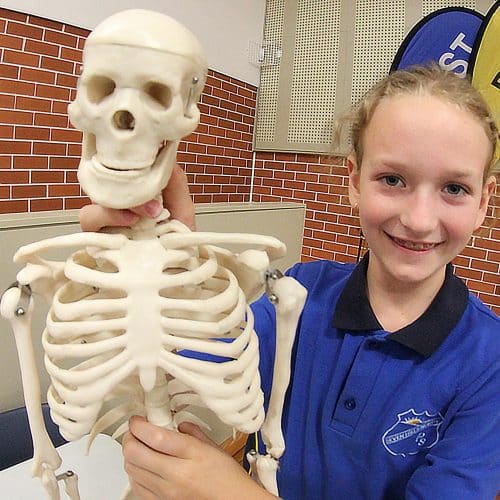 Student smiling whilst holding a skeleton