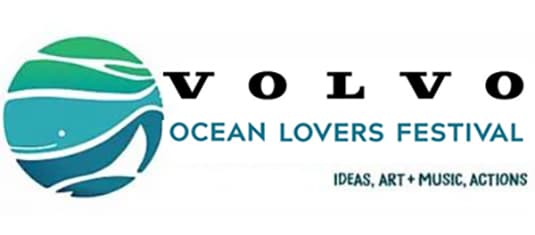 A blue stylised circle showing the ocean, a whale and a sailboat next to the Volvo Ocean Lovers Festival title