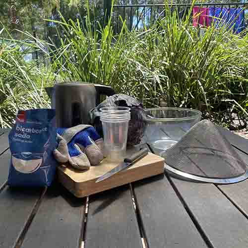 red cabbage, kettle, glove, chopping board, bicarbonate soda, strainer, glass bowl, knife and cups