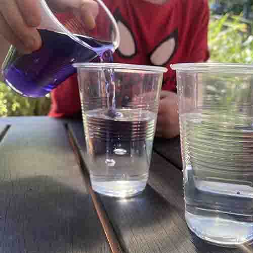 Pouring red cabbage juice into a cup of water