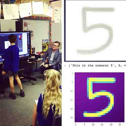 A student using an interactive screen, with screen shots showing a numeral 5 and the code that helps a computer understand what a 5 is