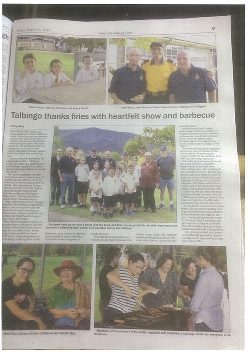 Newspaper article with title "Talbingo thanks firies with heartfelt show & BBQ"