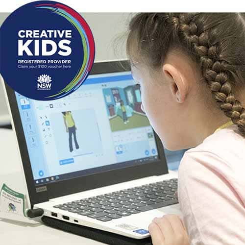A girl coding in scratch with the Creative Kids logo shown