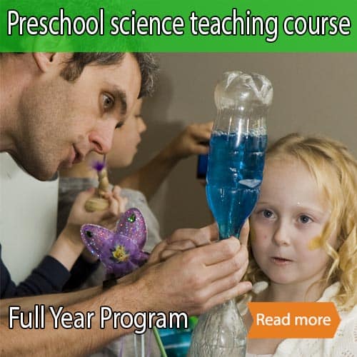 A child looking at a tornado in a bottle being held by an adult. The title "Preschool science course" is on top of the image as well as the words "full year program"