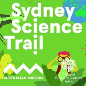 A stylised cartoon image of flowers, a skelton,the Earth and a person with binoculars on a green background withthe logo of the Sydney Science Trail overlayed