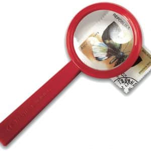 Red magnifying glass looking at postage stamp