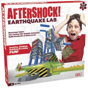 The front of the Aftershock Earthquake Lab by Smart Toys kit. It shows a child with his hands to his head in panic as he watches the shake table knock his building down