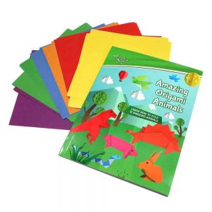 The Amazing Origami Animals kit, showing several sheet fo coloured square paper and the animals on the cover