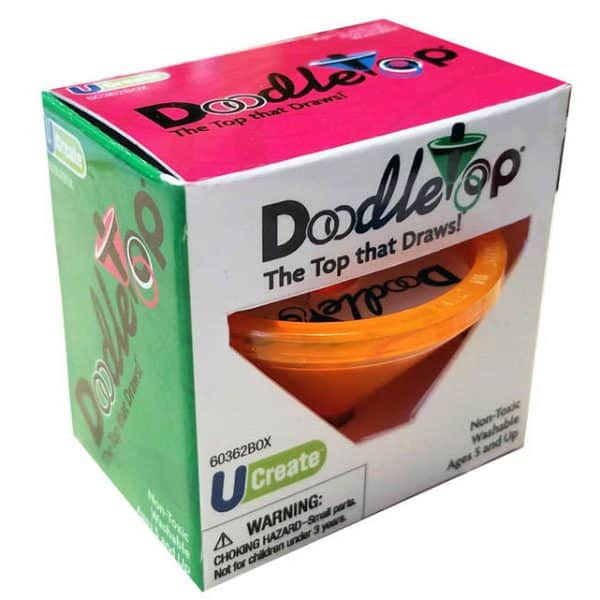 A Doodletop box, showing an orange spinning top in the box