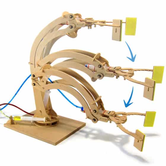 Hydraulic Robotic Arm Wooden Kit in action, showing the robotics claw raising up and down