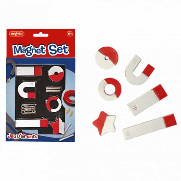 A magnet set showing 6 magnets of different shapes to the right hand side of the box