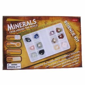 Mineral science kit box showing the 12 minerals and a list of the equipment contained