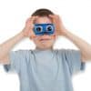 A child holding a blue sent of monsterscope binoculars to his eyes