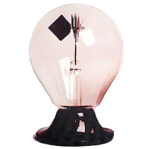 A light bulb shaped glass radiometer with a black plastic base. There are diamond shaped flages inside the bulb (one white and one black)