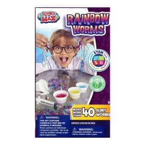 Science to the Max Rainbow Worms kit, with a child in a lab coat holding up colourful worms