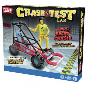 The front of the SmartLab Toys Crash Test Lab kit. It shows a yellow crash test dummy in front of a car with a black roll cage and impact bumper