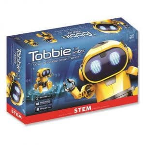 Tobie the robot in the box . A yellow robot is waving on the cover