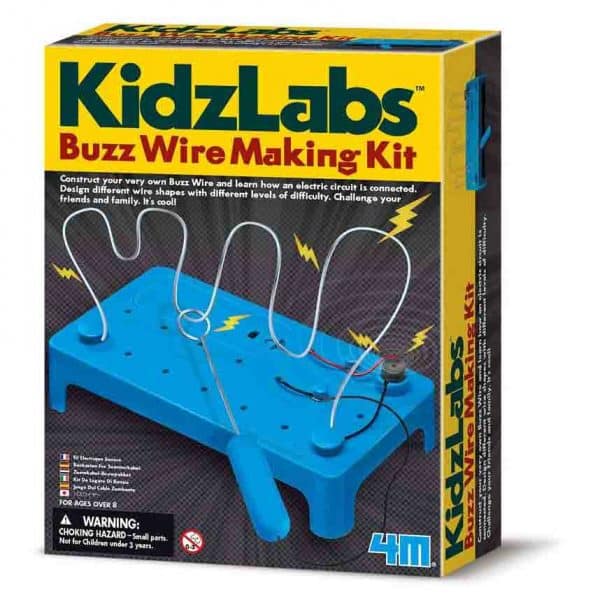 buzz wire making kit box showing the game on the front cover. The buzz wire making kit features a blue base with a wobbly wire conencted to a buzzer. A metal loop is hanging on the wobbly wire.
