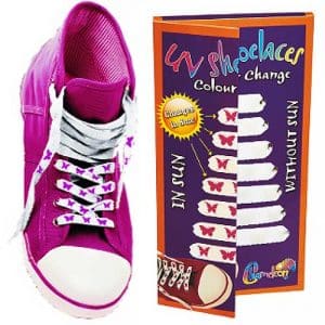 A pink high top show with white laces that has pink butterflies on them. The packet is next to the shoe