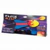 The flick n fly rocket in it's package. The rocket is red, yellow and blue foam