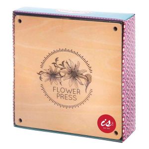 A wooden flower press with flowers and logo on the wood