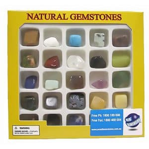 A yellow box containg a gemstone collection set of 25 stones