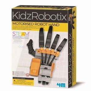 motorised robot hand box, showing a mechanical hand coloured black, yellow and grey