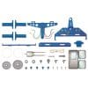 tin cable car kit materials, showing a variety of blue & grey plastic parts and a motor with wires