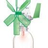 A picture showing a green windmill attached to a softdrink bottle. There is a generator attached to the windmill