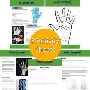 5 hand movement activity worksheets presented with a orange circle call out noting that there are 5 worksheets