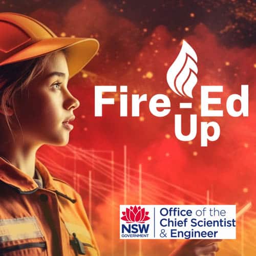 Girl in fire uniform looking at the Fire-Ed Up logo
