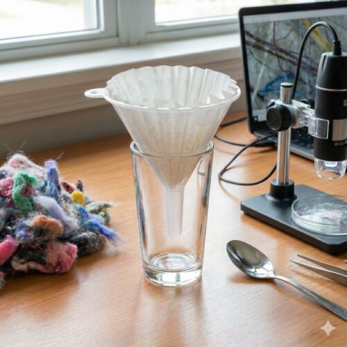 A desk with a digital microscope, glass, funnel, filter paper, spoon, proble and laundry lint
