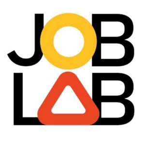 The logo of Job Lab, with the O in yellow and the A in Red as a triangle